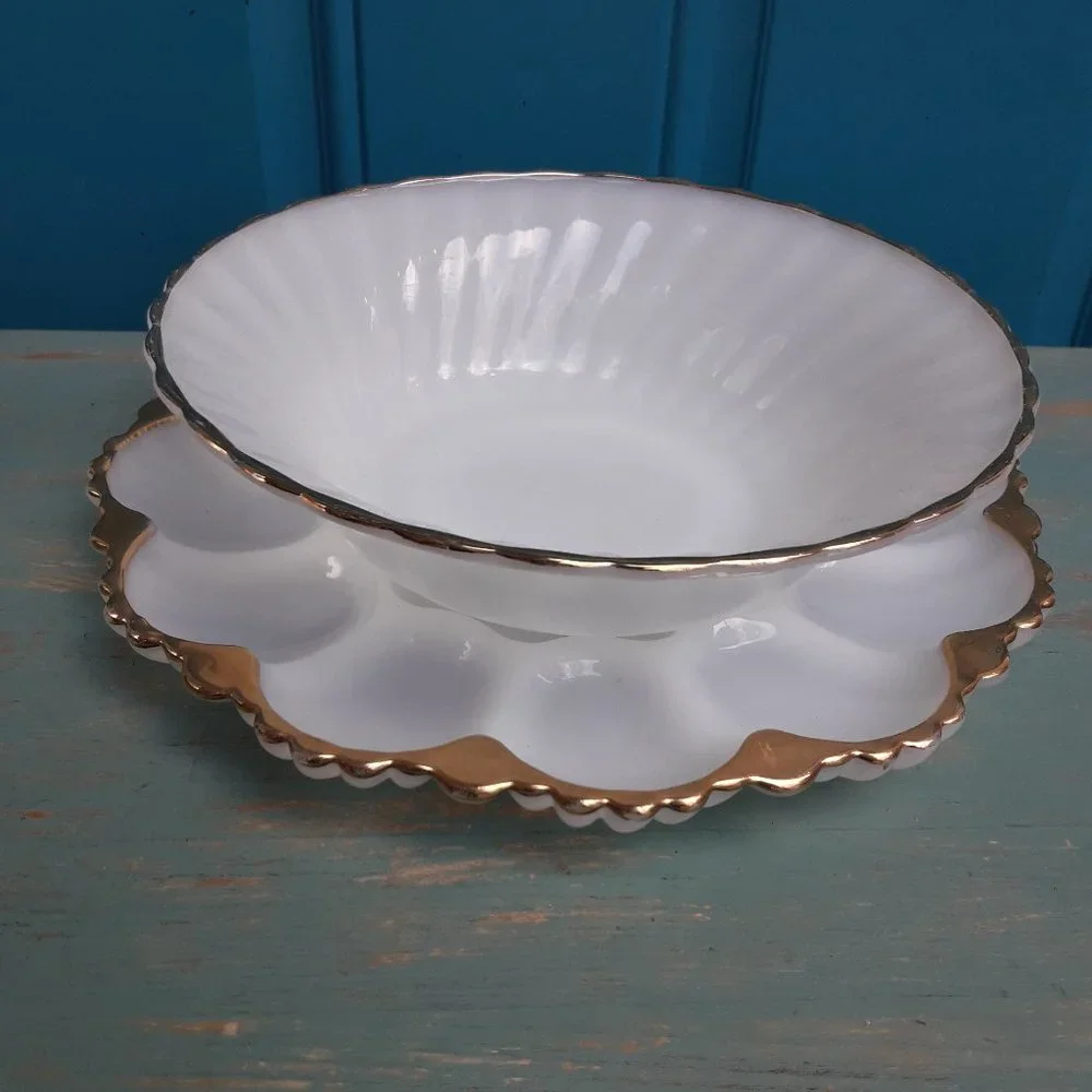 Milk Glass Bowl Egg Dish Set Gold Rimmed Vintage Fire King White Anchor Hocking - Picture 6 of 16